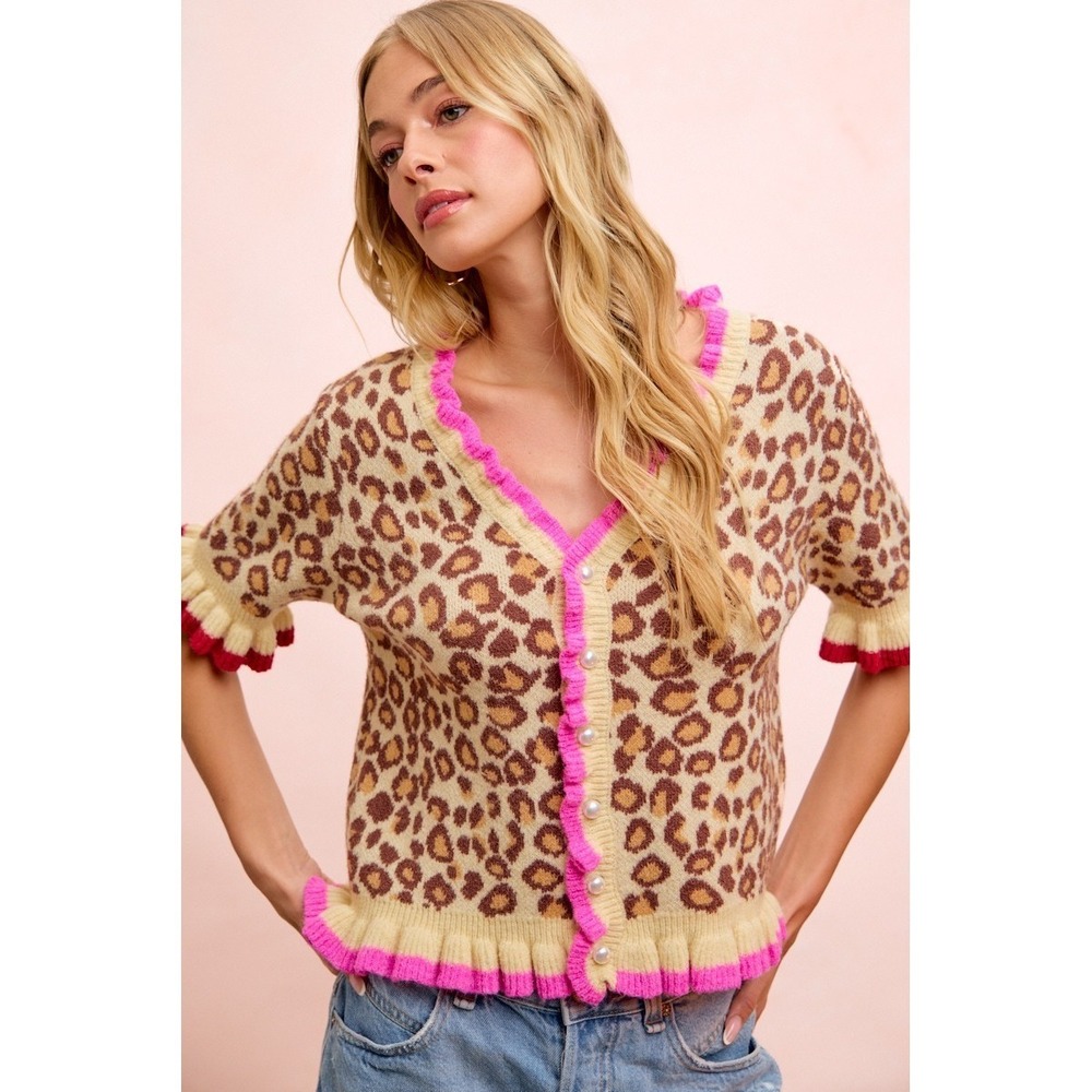 BiBi Leopard Patterned Ruffled Detail Button Cardigan - Large - Picture 4 of 9